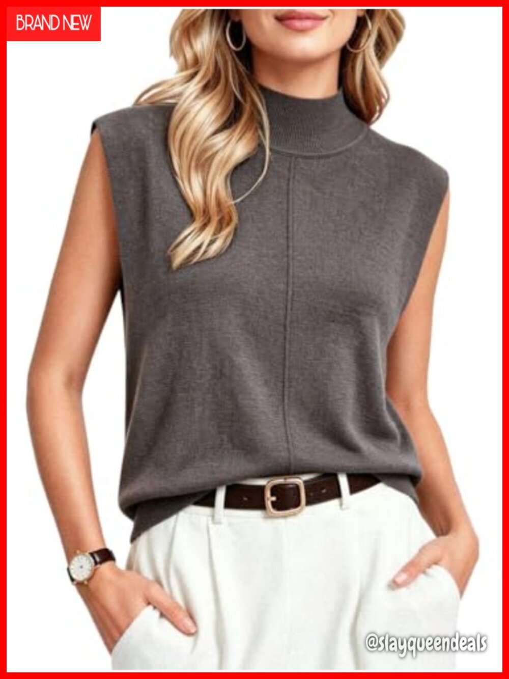 Merino Wool Blend Sleeveless Mock Turtleneck Knit Sweater Vest